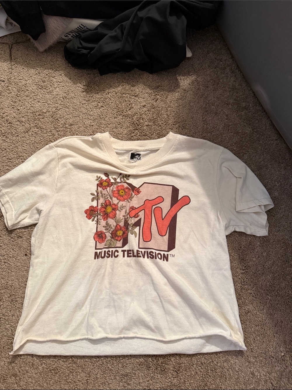 MTV Cream Tee with Red Floral Logo cropped